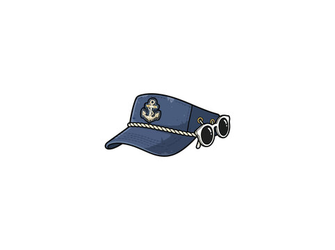 A Highly Detailed Blue Vintage Nautical Captain'S Cap Adorned With A Polished Golden Anchor Emblem And Retro White Sunglasses Clipped To The Brim, Professional Vector Illustration