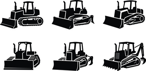 Bulldozer Silhouette Icon Set with Crawler Dozer Construction Equipment Vector Collection © MdHasan