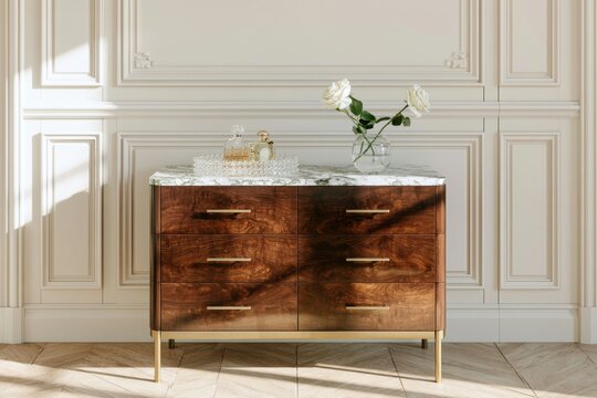 Dark walnut sideboard with marble top and decorative elements, featuring white roses in a vase against a classic interior wall design
