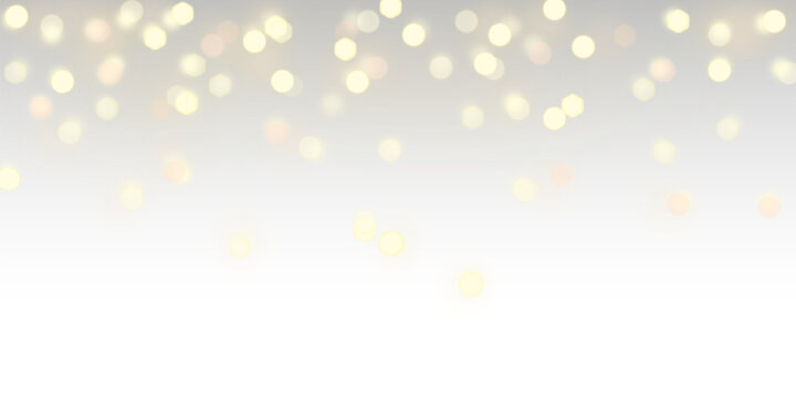 Transparent sparkling golden bokeh blur particles background with soft glowing dreamy soft yellow defocus glittering lights, warm festive sparkle party light overlay for wedding celebration
