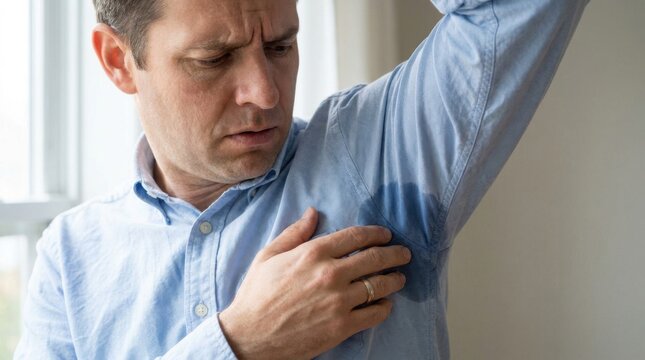 Middle-aged man checking sweat stain on dress shirt. Professional examining underarm perspiration marks before business meeting