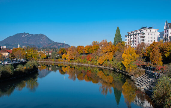 Villach city with the scenic Drava River, Austria