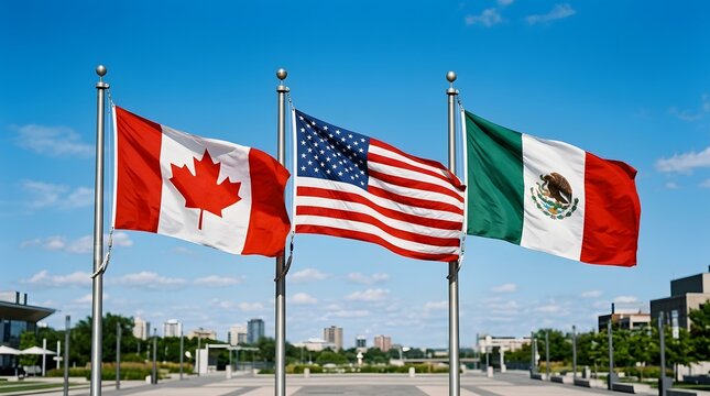 Waving national flags of canada united states and mexico against clear blue sky outdoor setting with international, sovereignty
