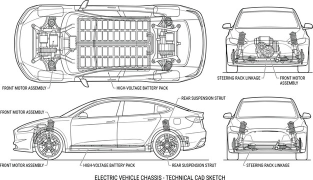 Technical blueprint of electric vehicle chassis showing motor battery and suspension components in line art