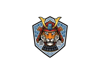 Obraz premium Fierce Tiger In Samurai Armor On A Shield With Blue Circuit Design And Computer Mouse Motif, Vector Illustration