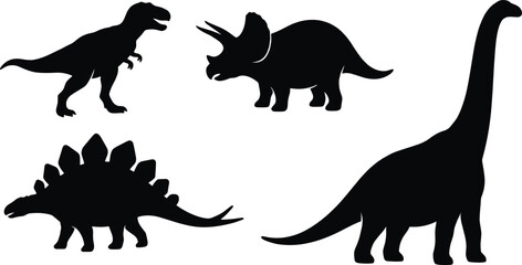 Dinosaur Silhouette Icon Set with Tyrannosaurus Triceratops Stegosaurus and Brachiosaurus Vector © MdHasan
