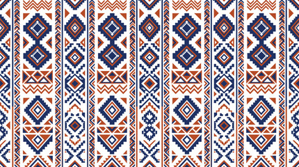 Seamless, geometric, tribal, pattern, featuring, traditional, Aztec, motifs, in, navy, blue, and, terracotta, orange, for, bohemian, textile, background, design, wallpaper © Farhana
