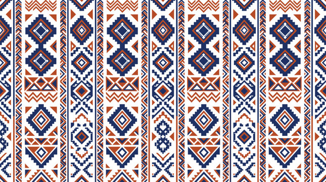 Seamless, geometric, tribal, pattern, featuring, traditional, Aztec, motifs, in, navy, blue, and, terracotta, orange, for, bohemian, textile, background, design, wallpaper