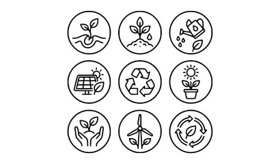 Fototapeta premium Eco plant web icons vector set with thin line environmental symbols in circular frames for corporate app