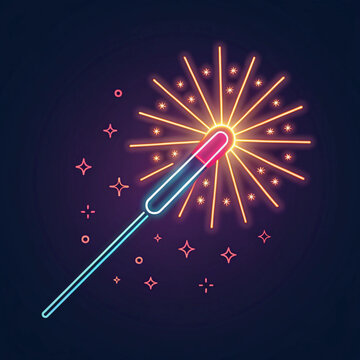 Neon firework sparkler, glowing stick, colorful explosion, festive lighting
