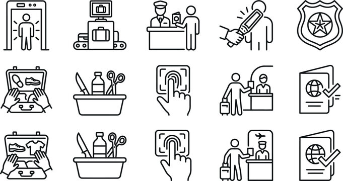 Airport security and immigration checkpoint procedure icons set depicting passenger screening and travel documentation with security immigration checkpoint screening passenger scanners passport