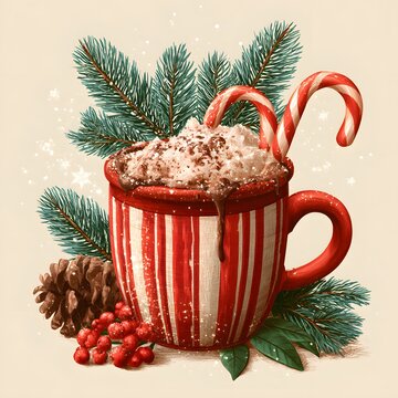 Cozy Christmas cocoa mug, candy canes, pine branches, snowflakes, warm vintage illustration, transparent background.