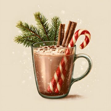 Cozy Christmas cocoa mug, candy canes, pine branches, snowflakes, warm vintage illustration, transparent background.