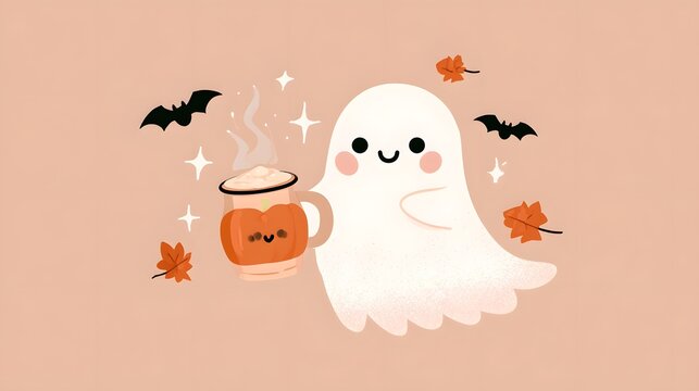 Cute smiling ghost holding pumpkin latte, bats, stars, fall leaves, playful pastel Halloween aesthetic, transparent background.
