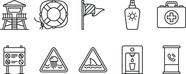 Beach safety and coastal hazard outline icon set with lifeguard jellyfish sunscreen firstaid emergency lifering fountain vacation prevention © SAIFUL