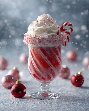 Christmas candy cane cocktail with whipped cream, crushed peppermint candy, festive red and white colors, snowy background.