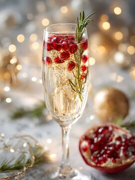 Refreshing Christmas mojito with mint leaves, lime slices, cranberries, crushed ice, festive red and green colors, rustic wooden background.