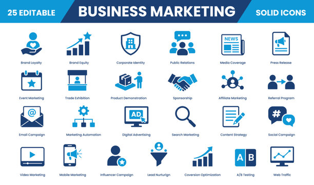 Business marketing solid icon set collection. Web Traffic, Social Campaign, Search Marketing, Sponsorship