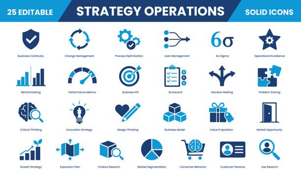 Strategy Operations solid icon set collection. Scorecard, Problem Solving, Decision Making, Business KPI, Benchmarking, User Research