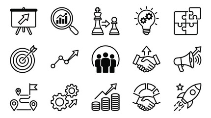 Fototapeta premium Industrial Black and White Line Icons Set Featuring Business Strategy Growth Marketing and Success Concepts