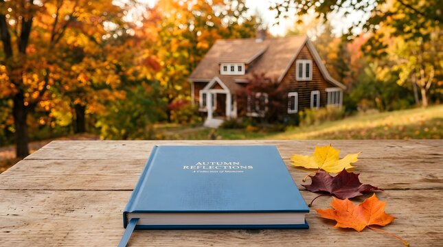 Autumnal scene with photo album cozy home and fall foliage for seasonal memories
