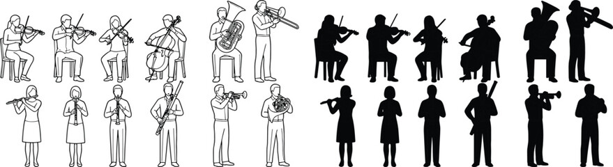 Orchestra Musician Silhouette Set with Instrument Performance Outline Vector Collection © MstMohasana