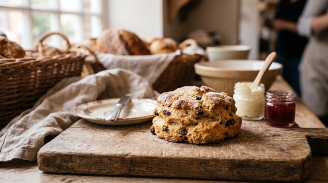 Delicious raisin scone with jam and cream on a rustic wooden board
