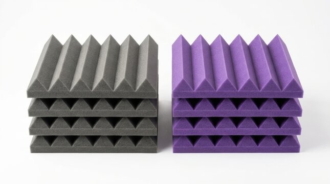 Two stacks of acoustic foam panels one gray and one purple with a pyramidal pattern