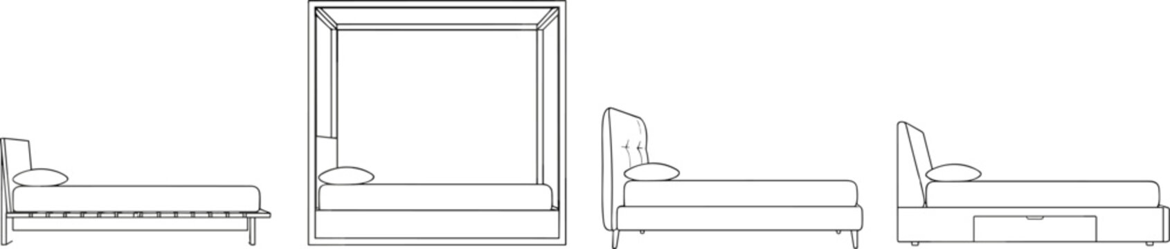 "Vector illustration set of bed designs including slatted frame, canopy bed, tufted headboard, and storage drawer base for furniture and interior projects"