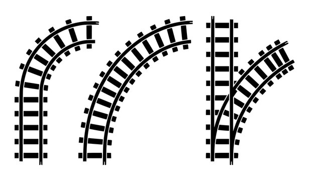 Flat top view curved railway track vector set with modular railroad path segments and train line icons for infographic map design