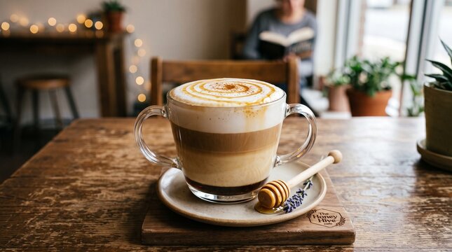 Delicious honey latte with creamy foam and caramel drizzle on a wooden table