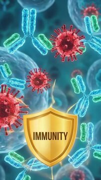 Immunity shield illustrating microscopic biological defense response, showing protective antibody action against attacking viral pathogen, cellular system mechanism