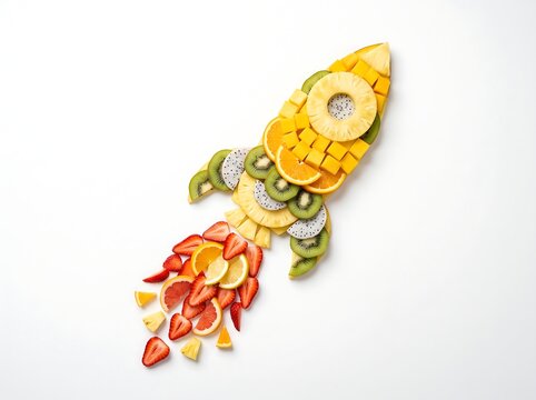 Rocket ship made of fresh fruit on white background