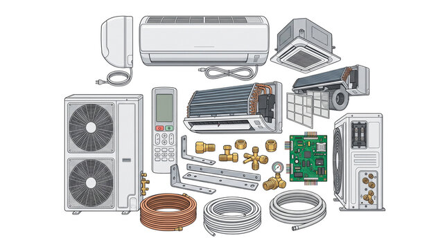 Air conditioner system components and spare parts set, HVAC cooling equipment collection, split system maintenance tools and hardware on white background