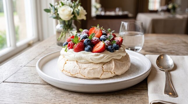 Delicious pavlova dessert with strawberries blueberries on white plate