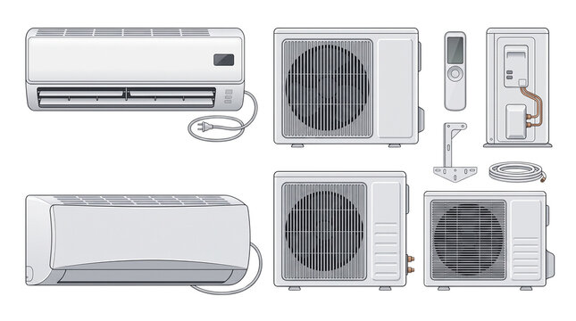 Modern split system air conditioner set, white HVAC indoor and outdoor units with remote control, professional climate control equipment for home cooling