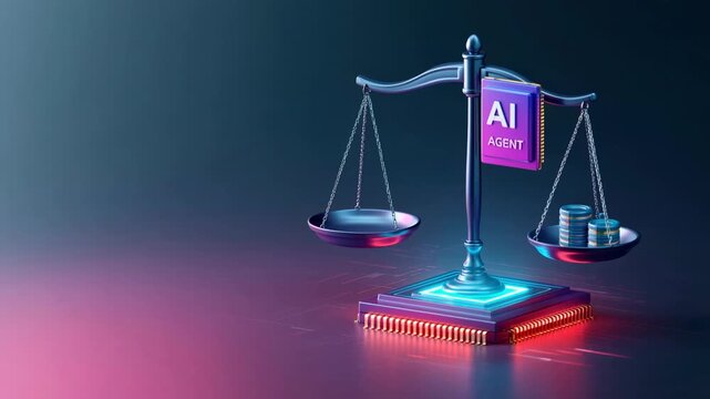Ai agent finance balancing digital scale with coins circuit base neon light conveying trust