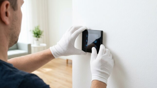 Person wearing white gloves installs a smart home control panel on a white wall Career Skills