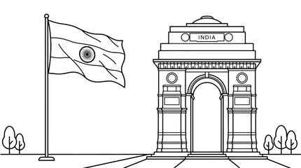 Fototapeta premium India Gate line art illustration, national flag of India with historic monument, minimalist black and white travel landmark vector for coloring