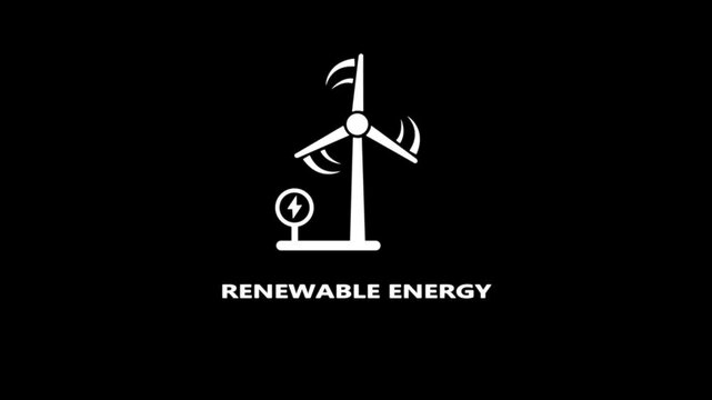 White wind turbine icon with lightning bolt symbol and text RENEWABLENERGY on black background