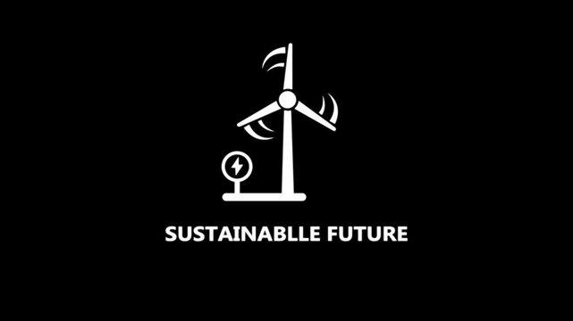 White wind turbine icon with lightning bolt symbol and text SUSTAINABLEFUTURE on black background