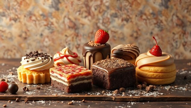 Assorted gourmet desserts and sweet pastries arranged on a rustic wooden table