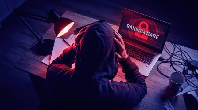 Frustrated young professional dealing with ransomware attack on laptop. Cybersecurity crisis as hacker locks computer demanding payment in dark room