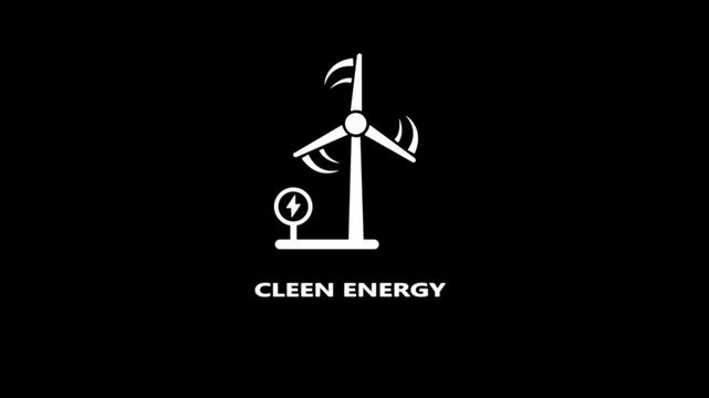 White wind turbine icon with lightning bolt symbol and text CLENENERGY on black background electricity
