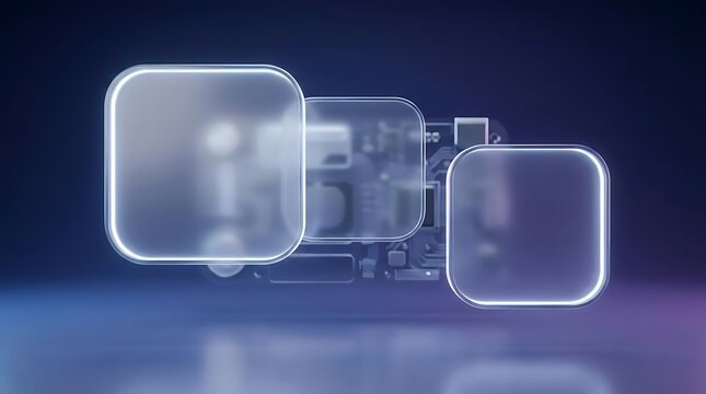 Abstract glowing squares superimposed on digital circuitry background