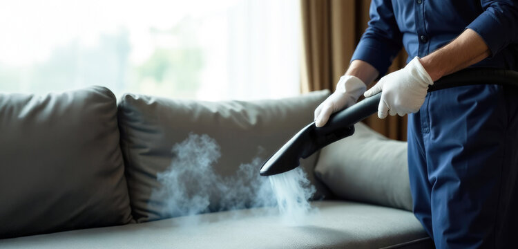 Closeup of hand of male cleaner vacuuming hot steam sofa next to window, with space for text. Cleaning and disinfection of bed linen and mattress, cleaning company