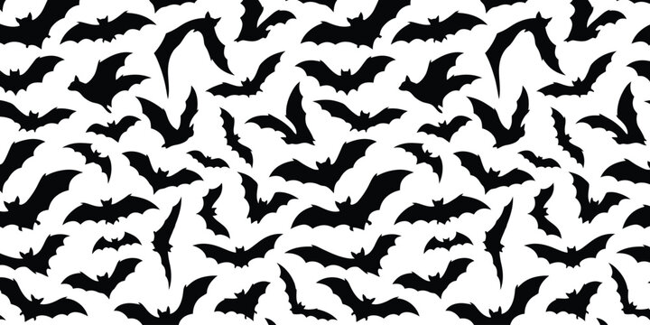 Black bats flying seamless pattern on white background halloween design element