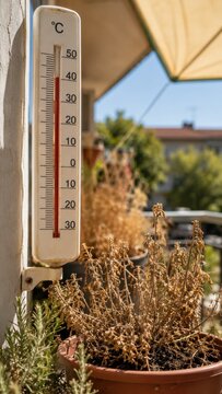 Thermometer displaying high temperature in a dry balcony garden setting