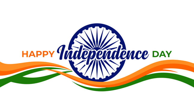 Indian Independence Day banner with Ashoka Chakra, tricolor orange and green wavy ribbons, patriotic greeting card vector for August 15th