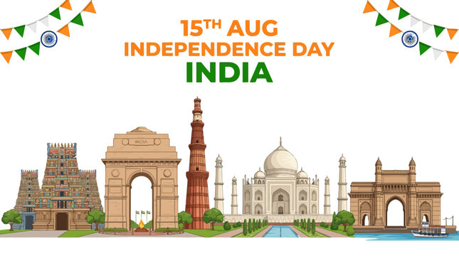 India Independence Day 15th August banner, Indian national monuments skyline with Taj Mahal and India Gate, patriotic tricolor bunting vector